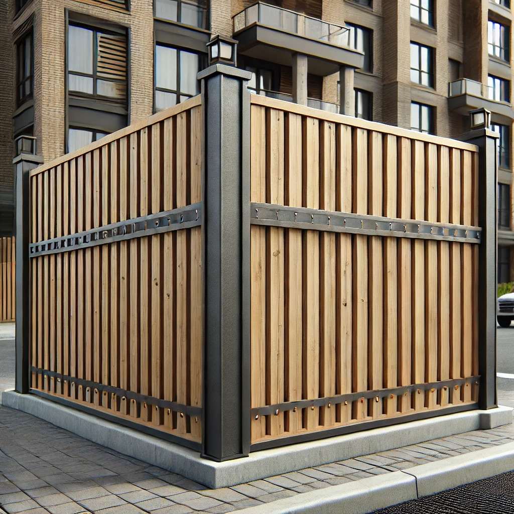 Gard din lemn cu stâlpi metalici